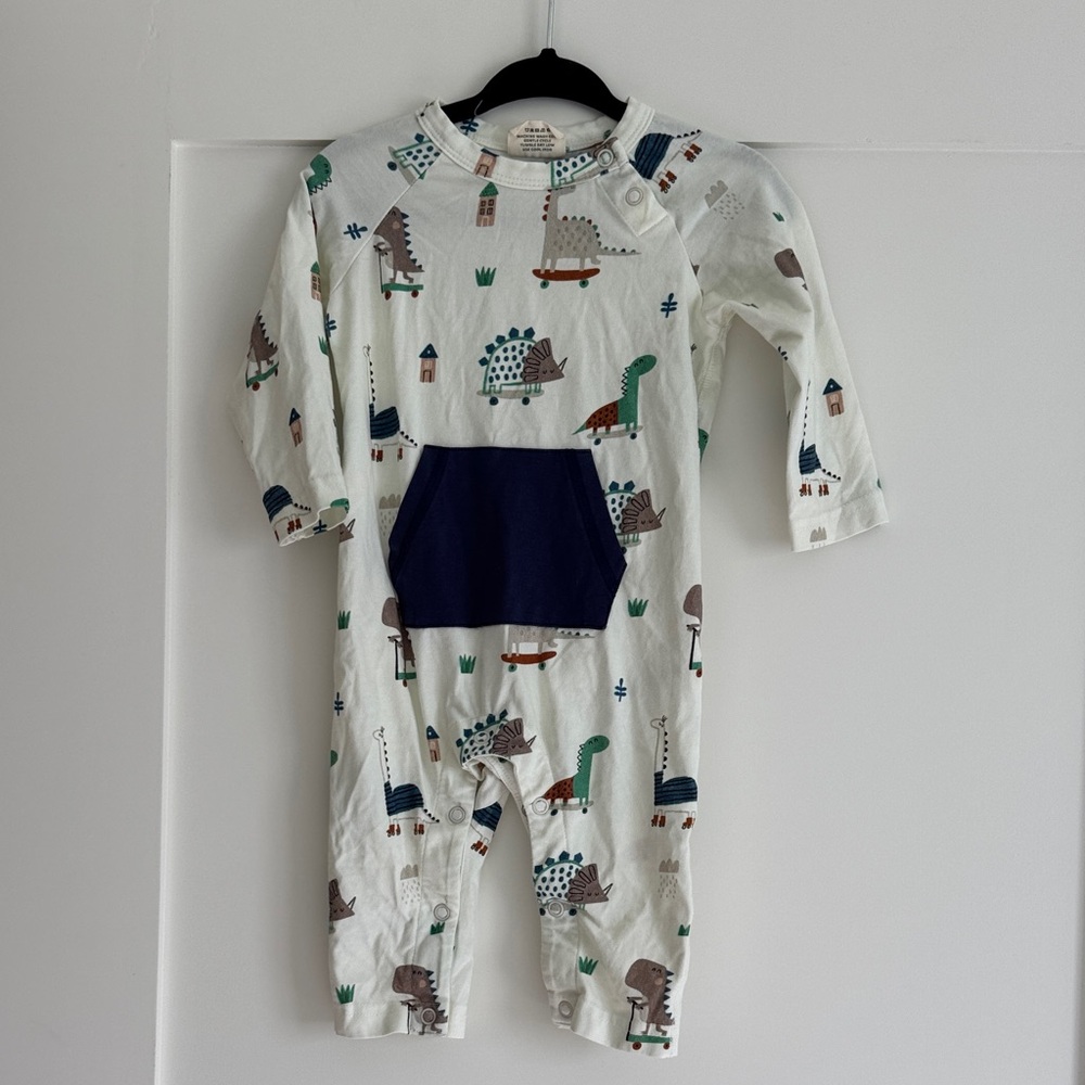 Viverano Organic Dinosaur Print Baby Romper with Navy Pocket